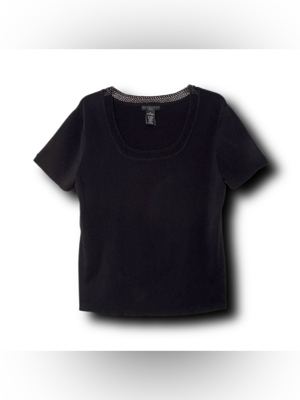 Apostrophe Black Short Sleeve Scoop Neck Top With Lattice Trim